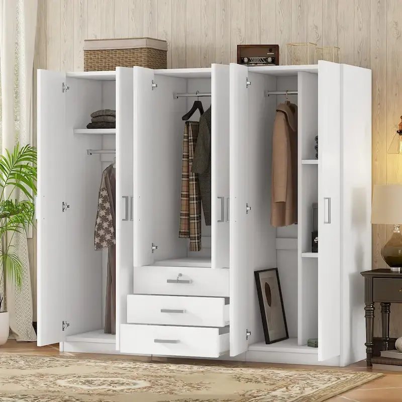 Armoire 6 portes en bois avec 3 grands tiroirs de rangement pour chambre à coucher