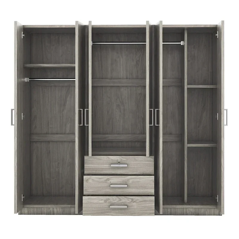 Armoire 6 portes en bois avec 3 grands tiroirs de rangement pour chambre à coucher
