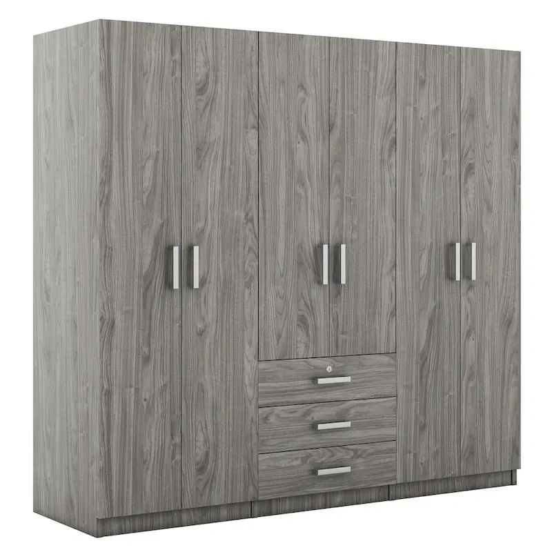 Armoire 6 portes en bois avec 3 grands tiroirs de rangement pour chambre à coucher