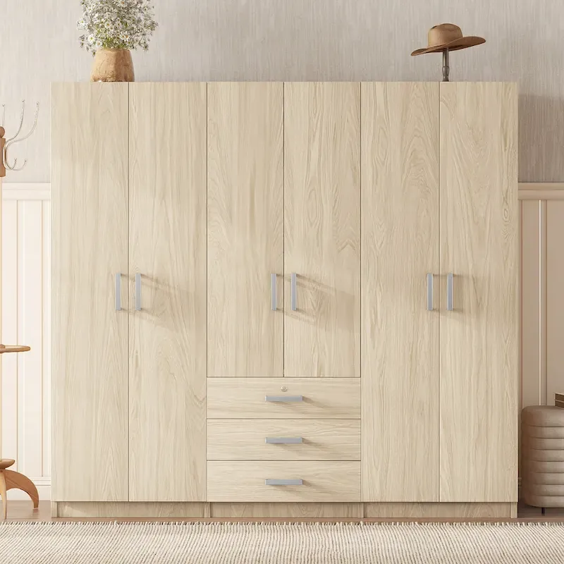 Armoire 6 portes en bois avec 3 grands tiroirs de rangement pour chambre à coucher