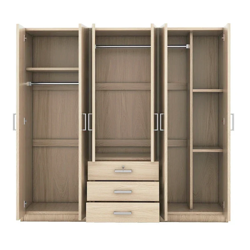 Armoire 6 portes en bois avec 3 grands tiroirs de rangement pour chambre à coucher