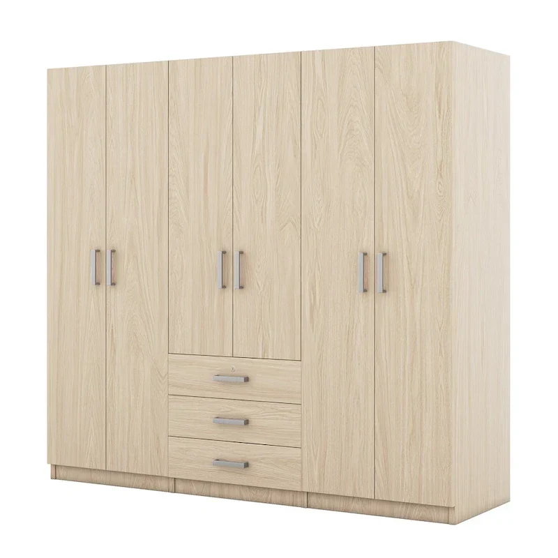 Armoire 6 portes en bois avec 3 grands tiroirs de rangement pour chambre à coucher