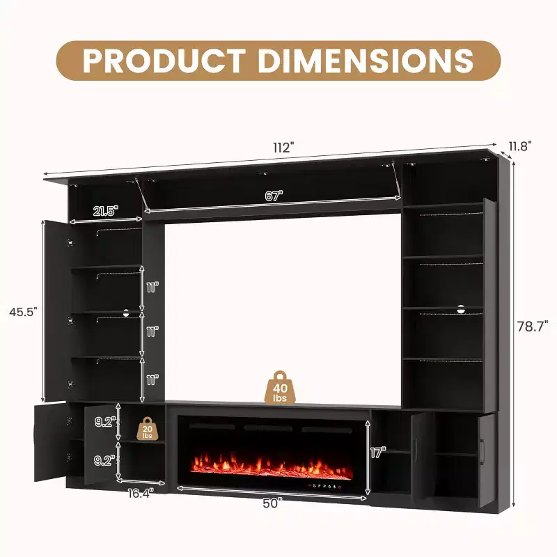 Meuble TV mural EROMMY 112L avec cheminée et lumières LED