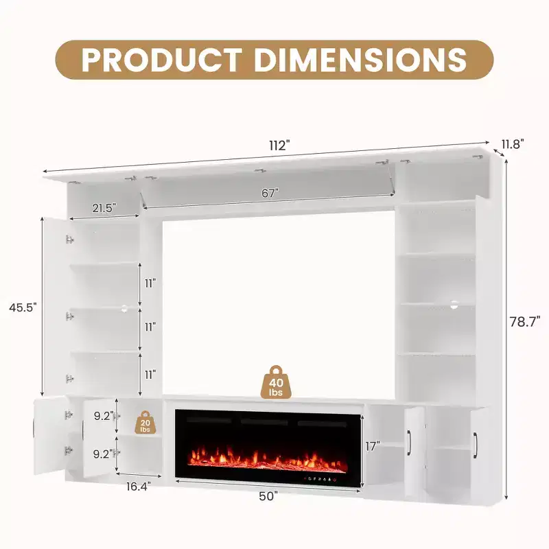 Meuble TV mural EROMMY 112L avec cheminée et lumières LED