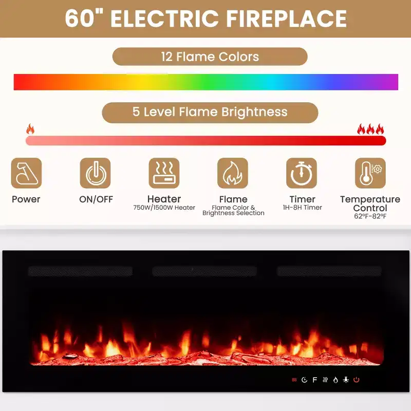 Meuble TV mural EROMMY 112L avec cheminée et lumières LED