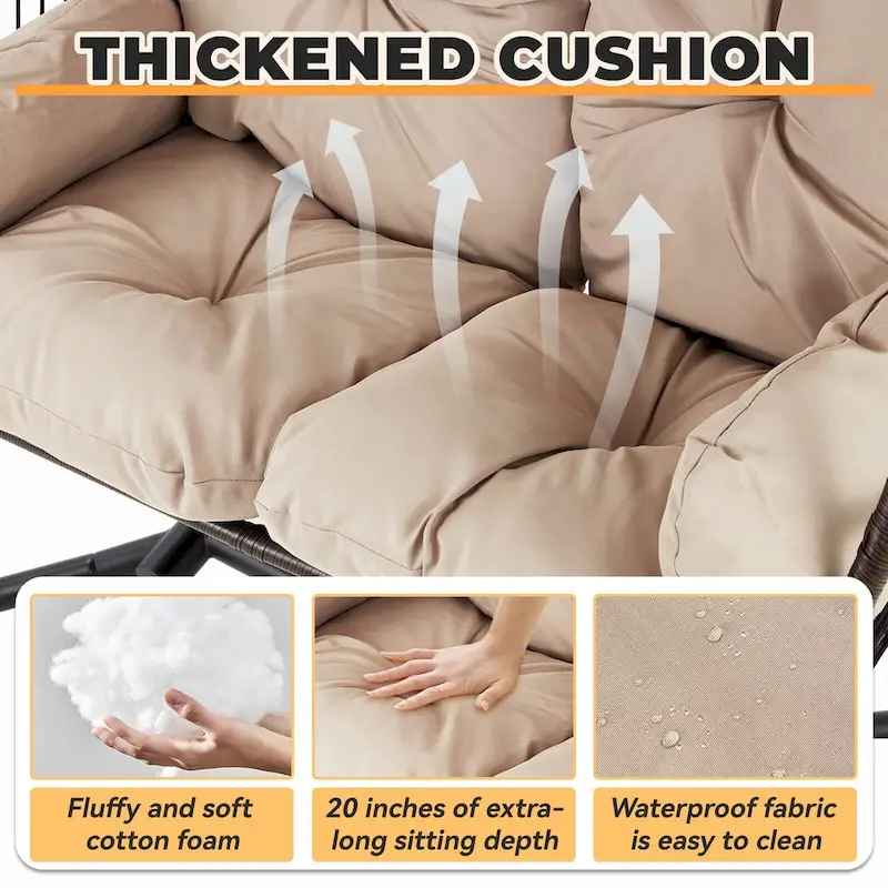 Balancelle extérieure à deux places avec support, chaise suspendue pliable, coussin de hamac et auvent, chaise double en forme d'œuf - Beige