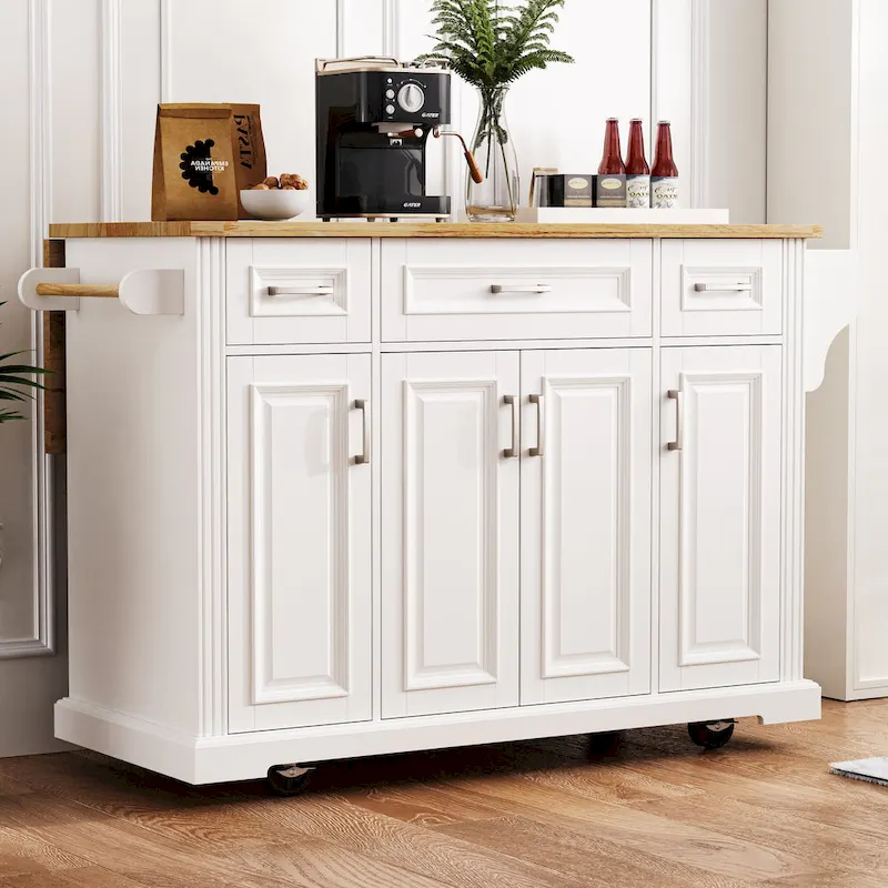 Grand îlot de cuisine avec rabat en bois, desserte de cuisine roulante texturée en relief avec portes et tiroirs avec rangement pour la cuisine, blanc