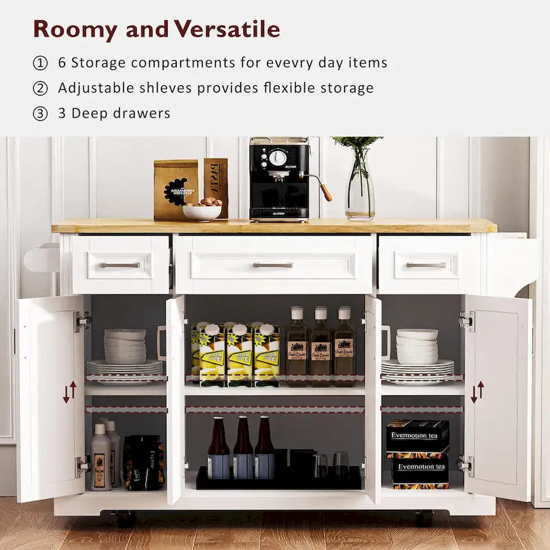 Grand îlot de cuisine avec rabat en bois, desserte de cuisine roulante texturée en relief avec portes et tiroirs avec rangement pour la cuisine, blanc