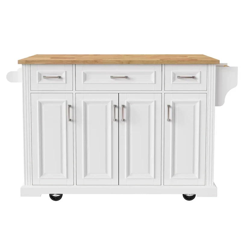 Grand îlot de cuisine avec rabat en bois, desserte de cuisine roulante texturée en relief avec portes et tiroirs avec rangement pour la cuisine, blanc