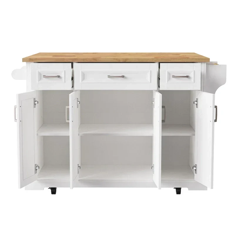 Grand îlot de cuisine avec rabat en bois, desserte de cuisine roulante texturée en relief avec portes et tiroirs avec rangement pour la cuisine, blanc