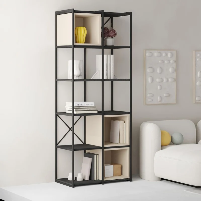 Libreria struttura in metallo nero e cubotti colore cashmere 70.7x39x179H Vale Midi
