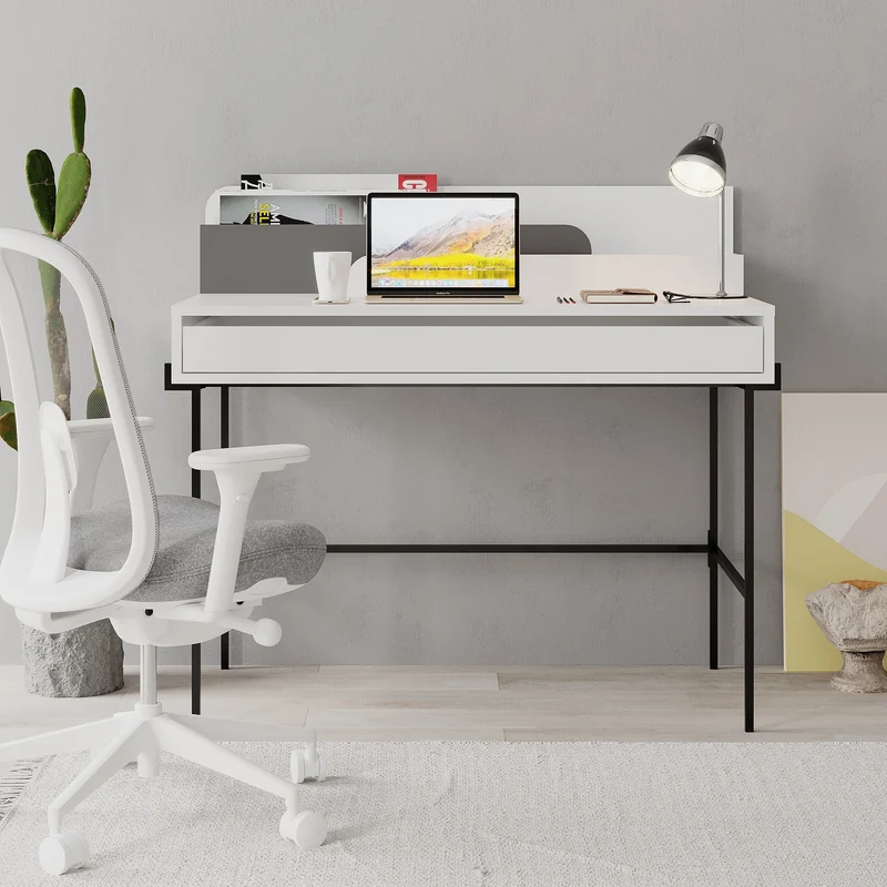 Scrivania bianco con dettagli antracite e gambe nere 110x60x101 Leila