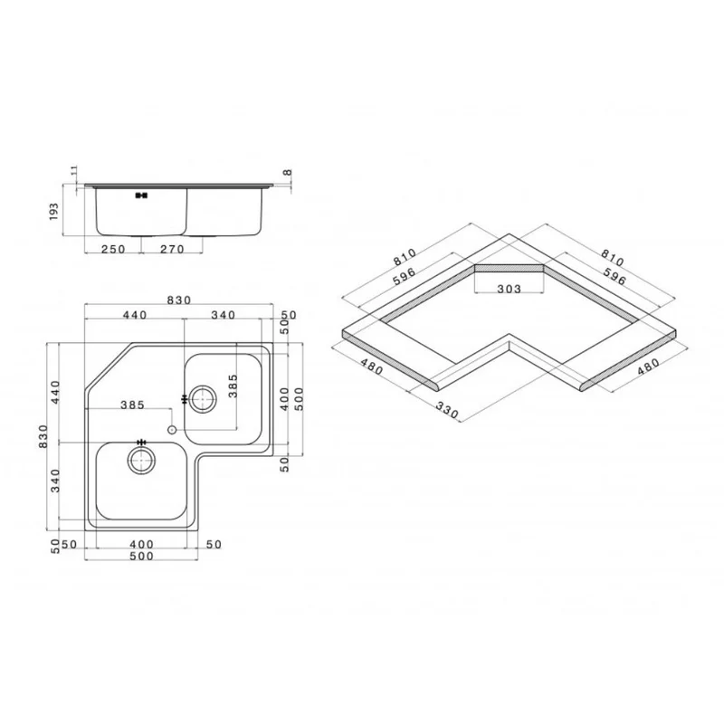Lavello angolare da incasso ROAN2IBC 2 vasche e gocciolatoio 83x83 cm. inox