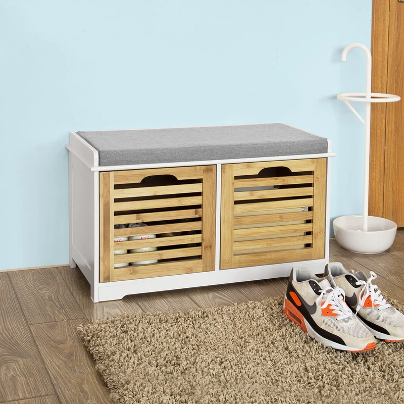 SoBuy | Sitzbank mit Sitzkissen | Schuhtruhe Bambus | Sitzkommode Weiß | FSR23-K-WN