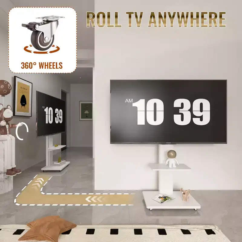 Meuble TV pour téléviseurs de 32 à 75 pouces, Chariot TV mobile à hauteur réglable avec tiroir et roulettes pour salon, chambre, bureaux -ModernLuxe