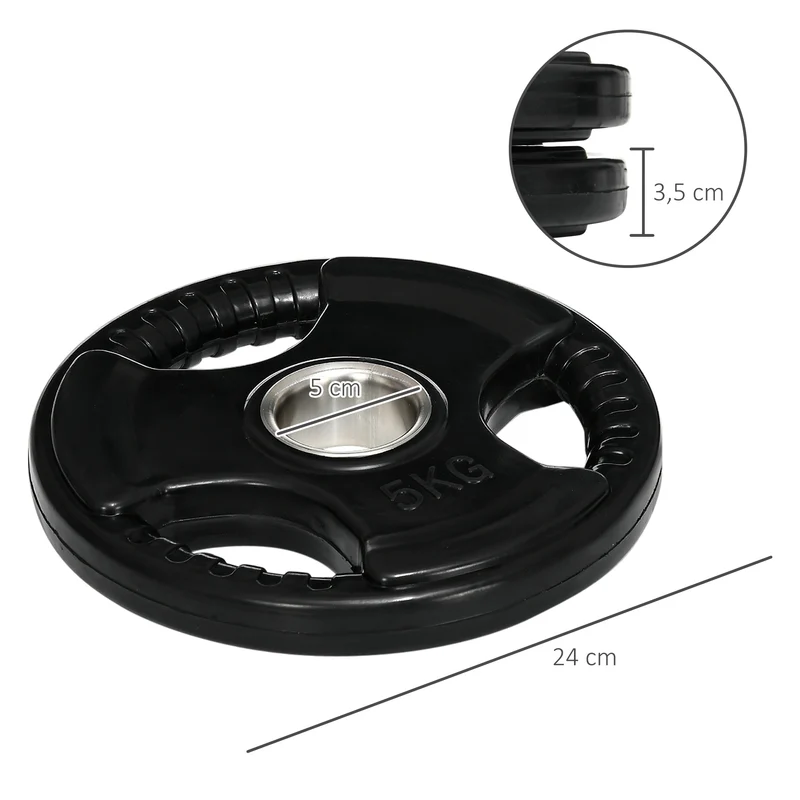 Lot de 2 disques de poids 5 kg trois poignées 24 x 3,5 cm prise sûre protection sol idéal style industriel en métal noir 21_0006805