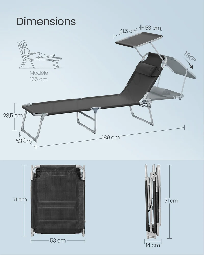 Lot de 2 chaises longues pliantes avec appui-tête et dossier réglable 189 x 53 x 28,5 cm pour terrasse balcon en plastique noir 12_0012411