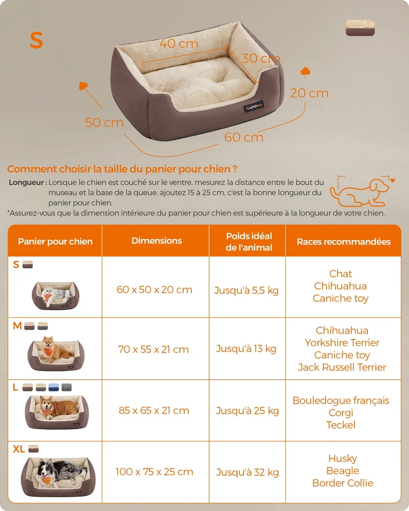 Panier pour chiens coussin amovible réversible bords surélevés 60 x 50 x 20 cm en tissu oxford kaki 12_0010986