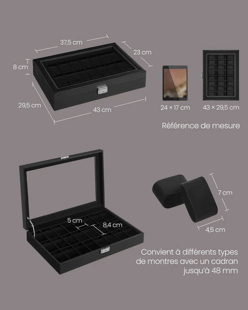 Boîte de rangement pour 24 montres 29,5 x 43 x 8 cm finition élégante en MDF noir 12_0008913