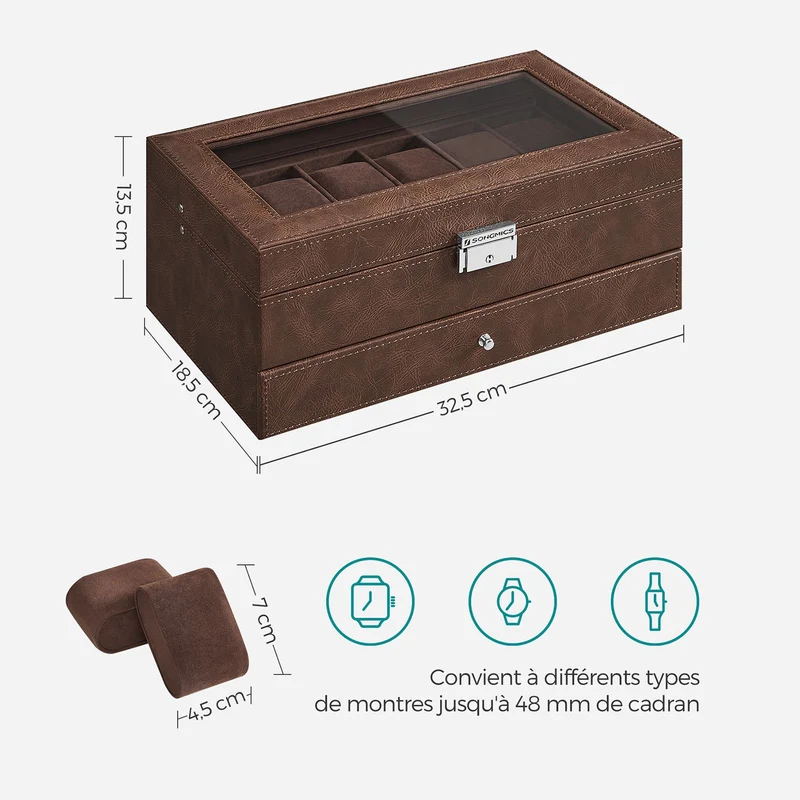 Boîte à montres spacieuse pour 12 montres avec coussinets 18,5 x 32,5 x 13,5 cm en MDF marron 12_0008903