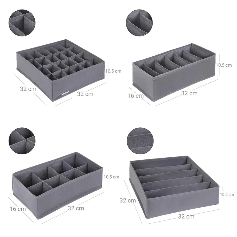 Lot de 4 organisateurs de tiroir pliables 33 x 30 x 10 cm pour sous-vêtements et accessoires en tissu gris 12_0008761