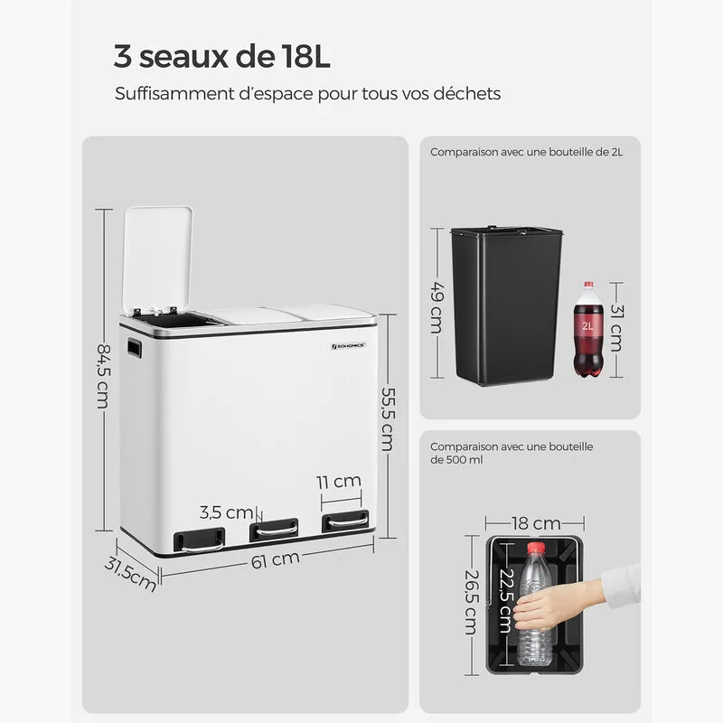 Poubelle de recyclage triple 61.5 x 31.5 x 56 cm pour tri des déchets avec pédales ergonomiques moderne en acier gris 12_0008615