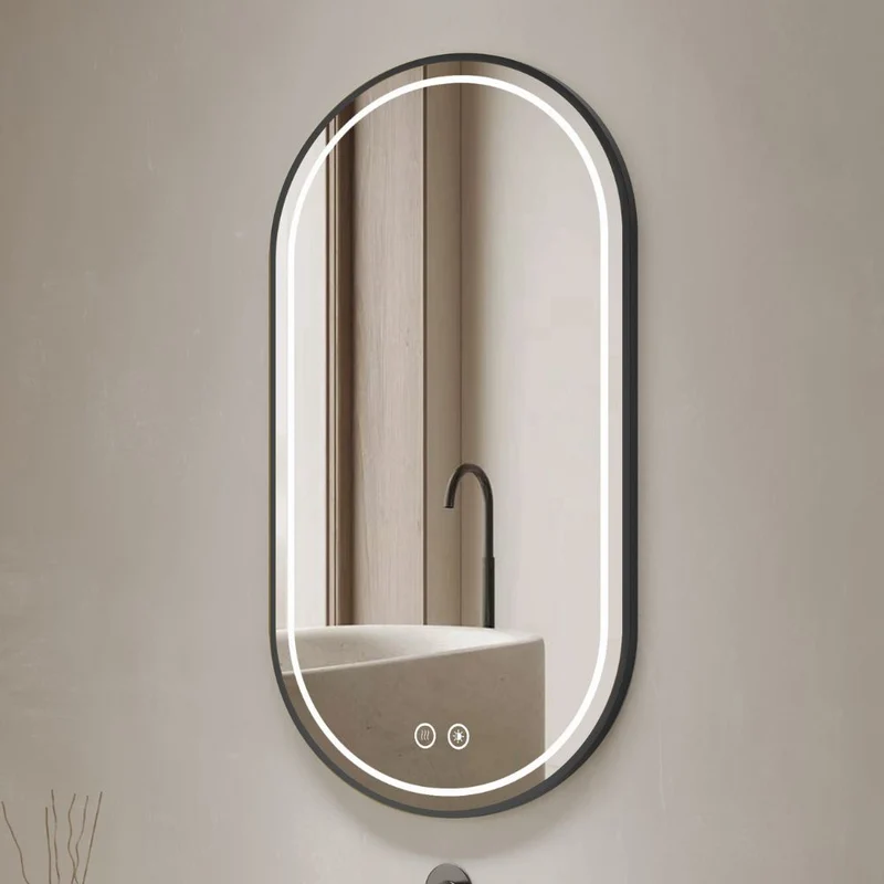 Specchio smart ovale anti-appannamento YJ-2004BL 90x60 con cornice nera in acciaio inox satinato