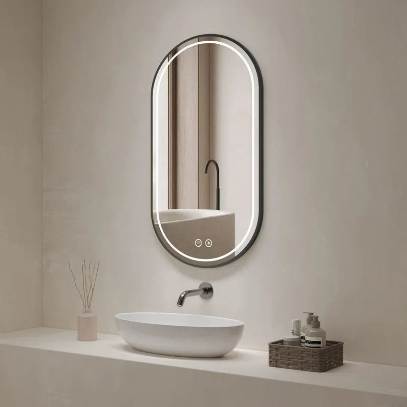 Specchio smart ovale anti-appannamento YJ-2004BL 90x60 con cornice nera in acciaio inox satinato