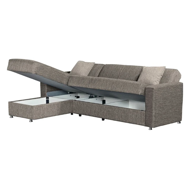 Divano letto con penisola contenitore reversibile in tessuto tortora 230x150x80H Dugo
