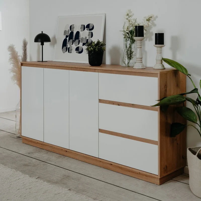 Credenza con 3 ante e 3 cassetti rovere e bianco 178x40x88H Phoenix 51A