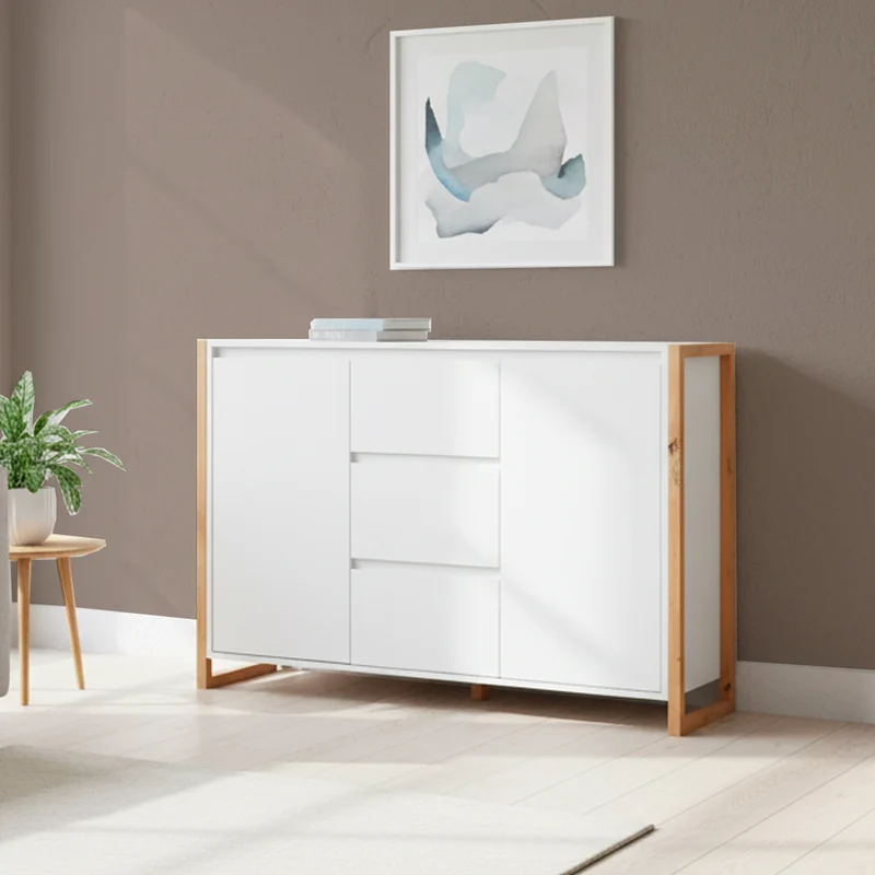 Credenza con 3 cassetti e 2 ante bianco e rovere 120x40x88H New Denver2