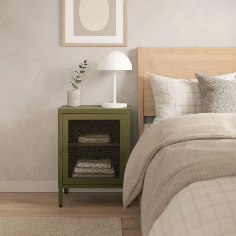 Comodino in metallo verde con anta reticolata 40x35x60H Fayna