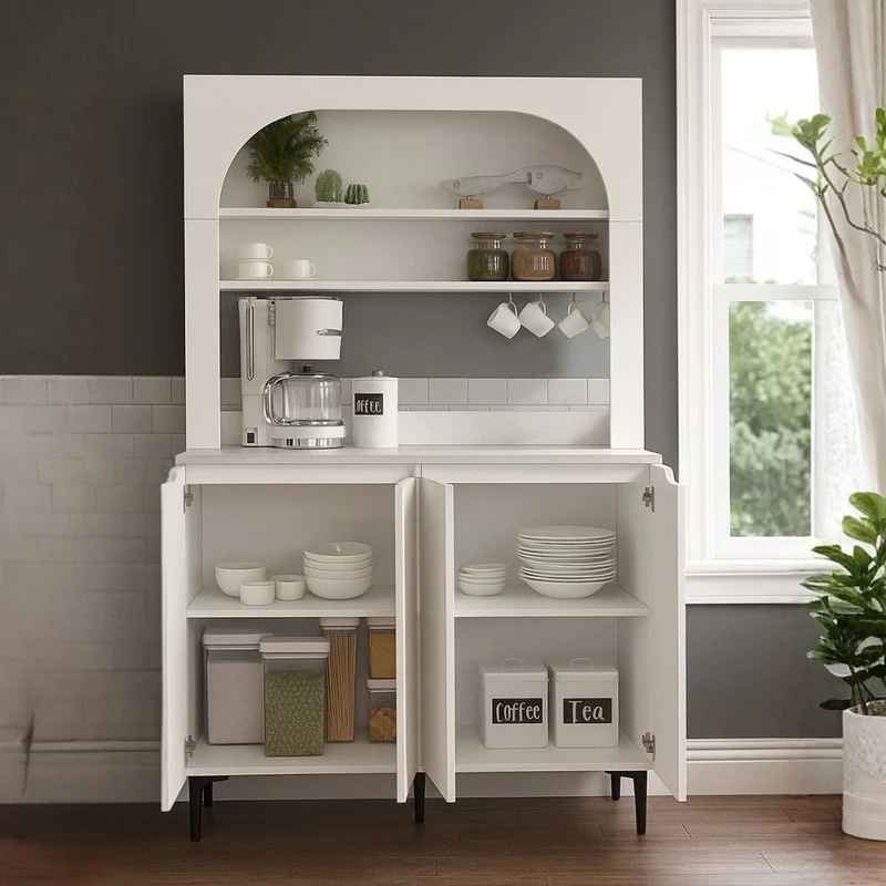 Credenza 4 ante, mensole a giorno e angolo caffè colore bianco Melinta