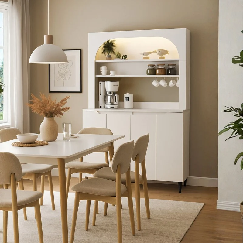 Credenza 4 ante, mensole a giorno e angolo caffè colore bianco Melinta