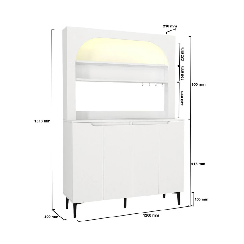 Credenza 4 ante, mensole a giorno e angolo caffè colore bianco Melinta