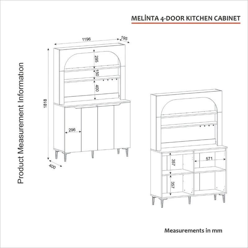 Credenza 4 ante, mensole a giorno e angolo caffè colore bianco Melinta