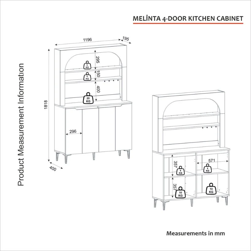 Credenza 4 ante, mensole a giorno e angolo caffè colore bianco Melinta