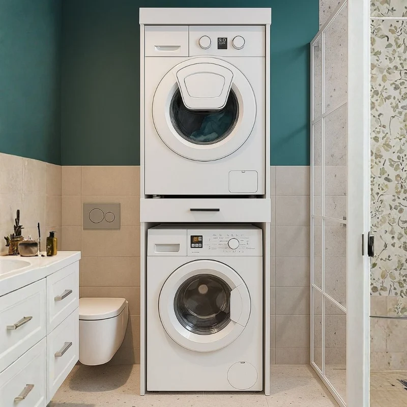 Colonna bucato coprilavatrice e copriasciugatrice con cassetto appoggio colore bianco Fika