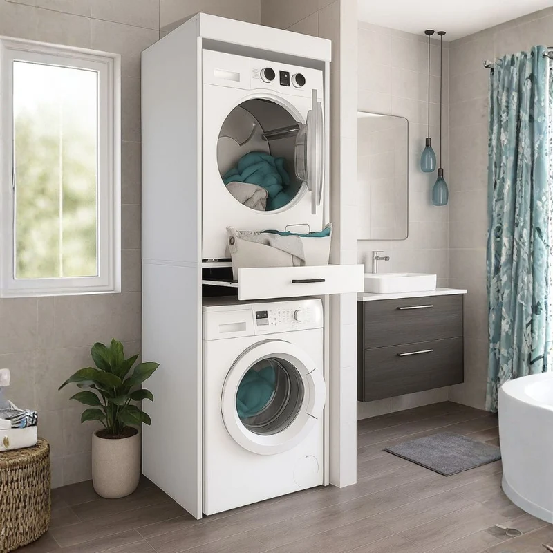 Colonna bucato coprilavatrice e copriasciugatrice con cassetto appoggio colore bianco Fika