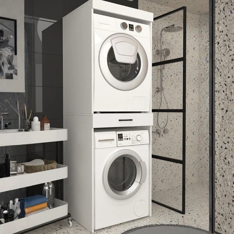 Colonna bucato coprilavatrice e copriasciugatrice con cassetto appoggio colore bianco Fika
