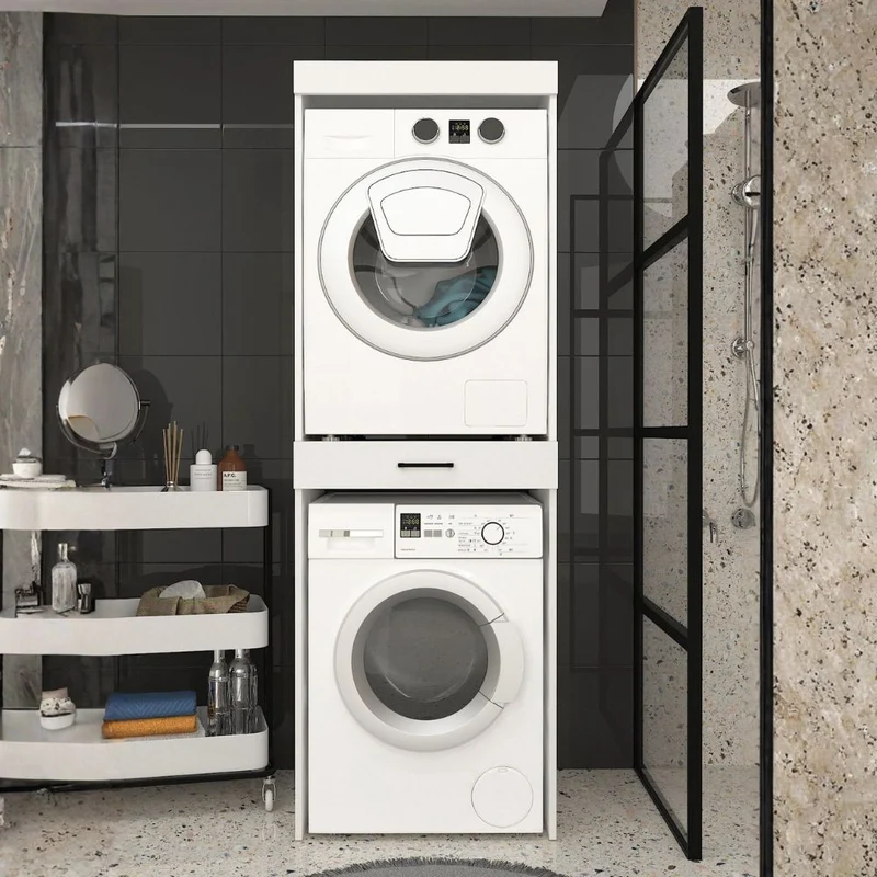Colonna bucato coprilavatrice e copriasciugatrice con cassetto appoggio colore bianco Fika