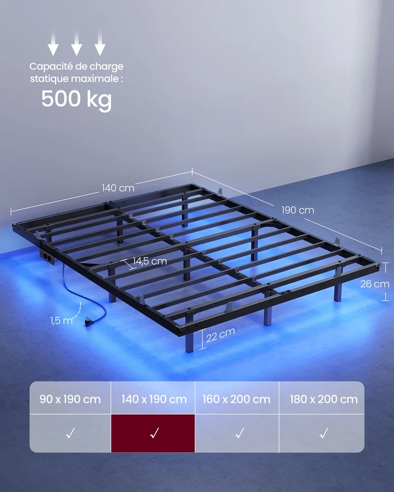 Lit flottant 90 x 190 cm avec éclairage LED fonctionnel et stations de charge moderne en acier noir 12_0012875