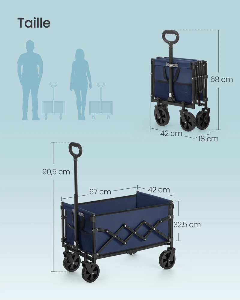 Chariot de transport pliable extérieur 42 x 67 x 90,5 cm charge 180 kg design moderne en acier bleu minuit 12_0012738