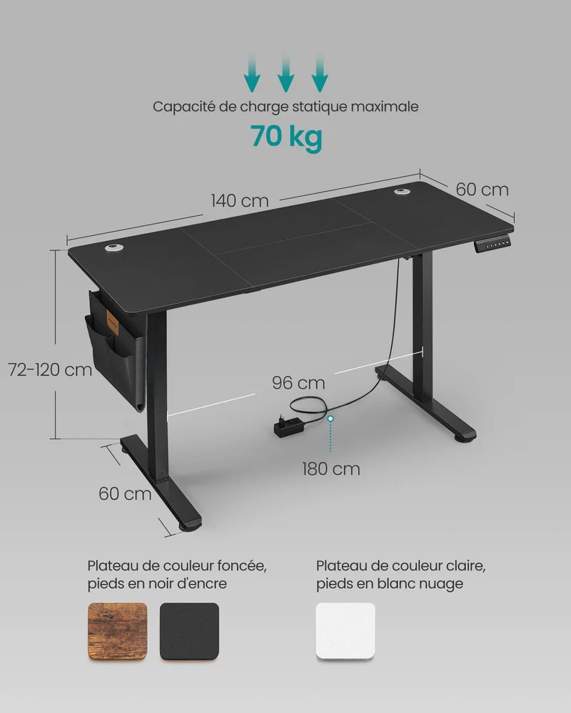 Bureau électrique assis-debout réglable en hauteur 60 x 140 x 72-120 cm 4 hauteurs mémorisables style moderne en aggloméré noir 12_0011644