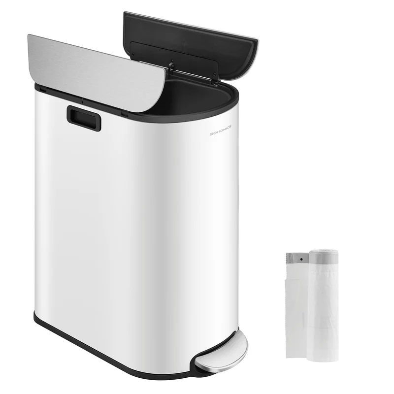Poubelle de cuisine double 49 x 29 x 64 cm pour tri recyclage ergonomique style moderne en acier blanc 12_0011541