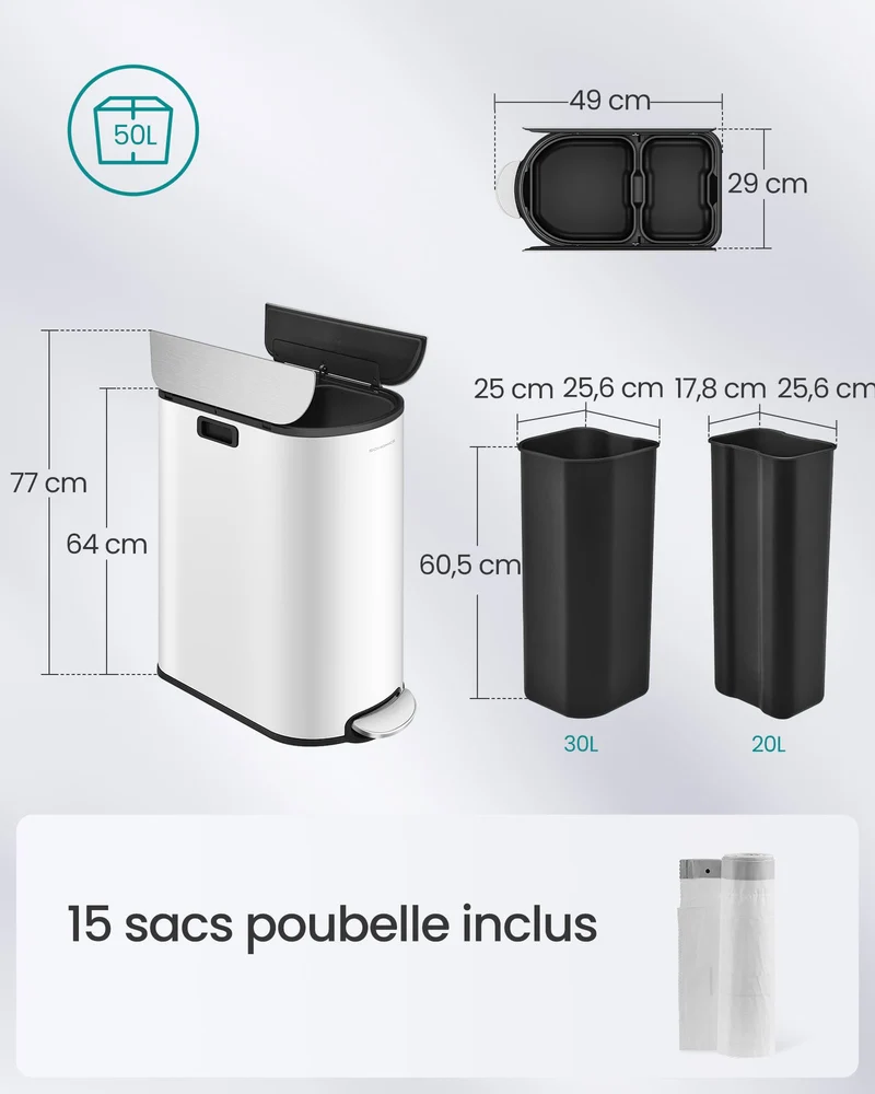 Poubelle de cuisine double 49 x 29 x 64 cm pour tri recyclage ergonomique style moderne en acier blanc 12_0011541