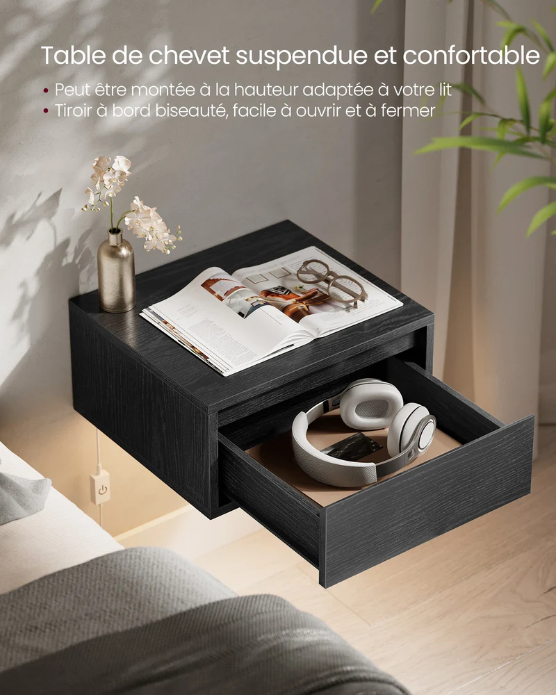 Lot de 2 tables de chevet suspendues modernes avec tiroirs 35 x 40 x 18 cm en aggloméré noir 12_0011142
