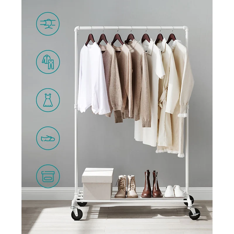 Portant à vêtements à roulettes avec tringle et étagère de rangement 100 x 49 x 163 cm style industriel pour chambre buanderie en acier blanc 12_0010110