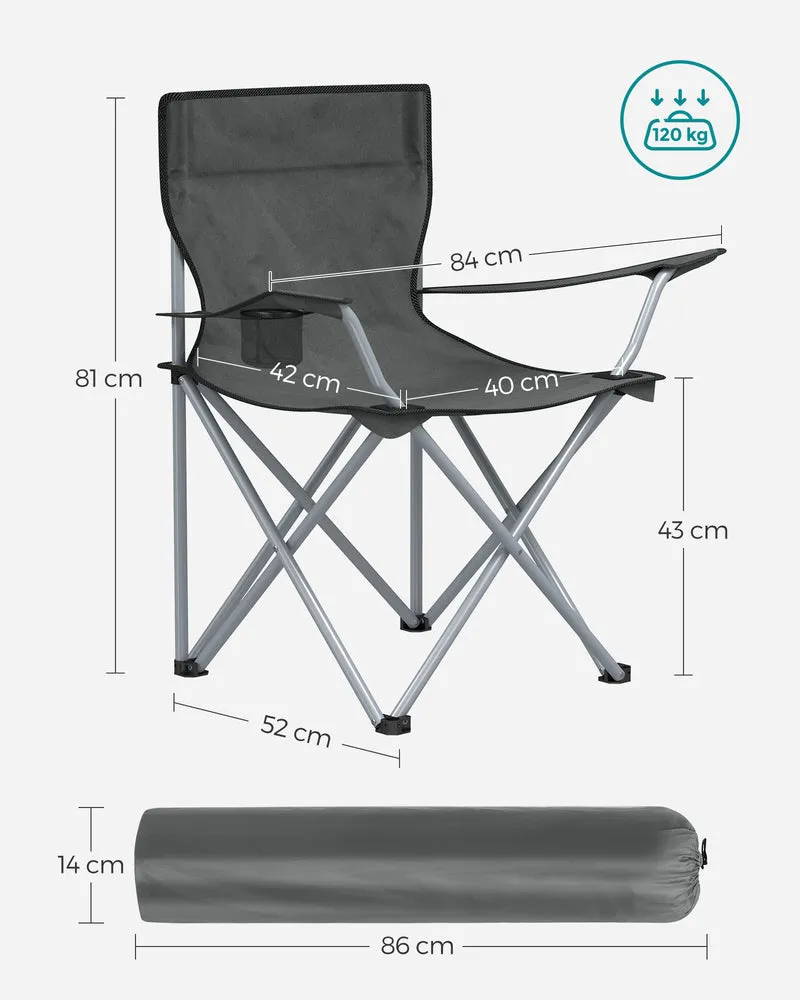 Lot de 2 chaises de camping pliables confortables avec accoudoirs et porte-gobelets 52 x 84 x 81 cm en acier gris ardoise 12_0009249
