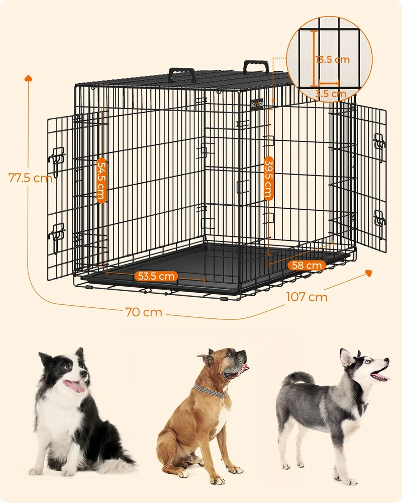 Cage pour chien pliable 107 x 70 x 77,5 cm transportable avec 2 portes verrouillables style moderne en fer noir 12_0008424